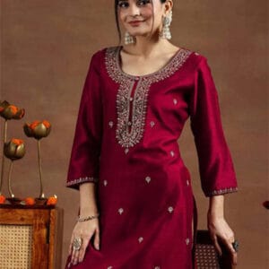 Women Embroidered Silk Blend A-line Kurta Maroon