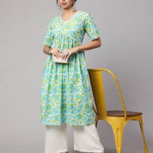 Women Floral Print Cotton Rayon Straight Ladies Kurti