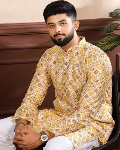 Men Printed Cotton Blend Straight Exclusive Panjabi Yellow
